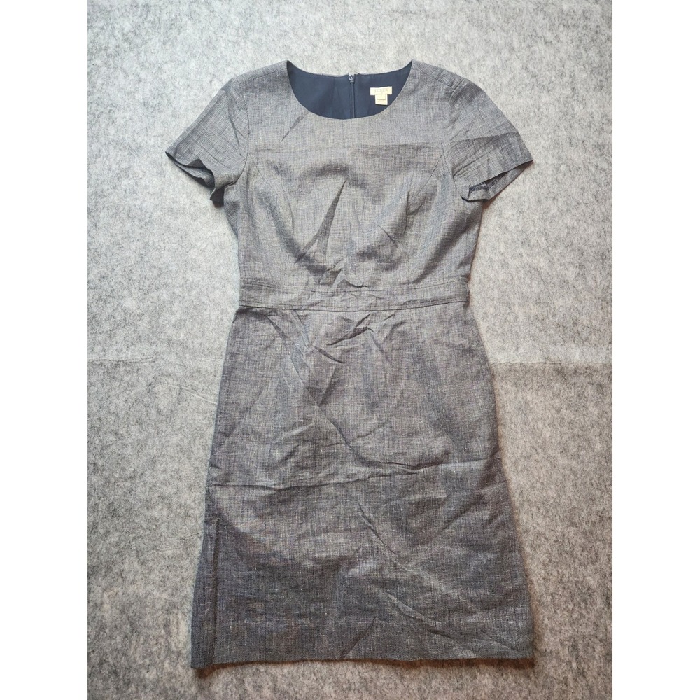 J.Crew Navy Blue Cotton Linen Sheath Dress Short Sleeve Textured Size 4